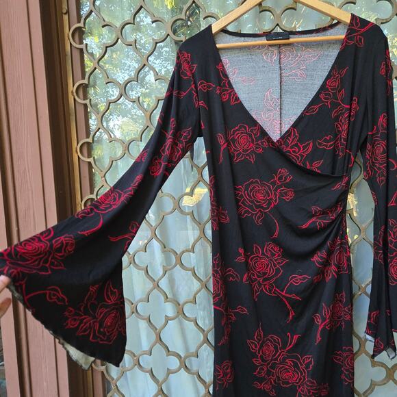 Rue21 Vtg 90s Y2K Whimsigoth Witchy Goth Baddie Bell Sleeve Rose Midi Dress S - Picture 3 of 8